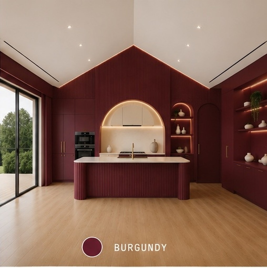 Arc Elements kitchen and living room, fixed camera, finished in the Burgundy collection.