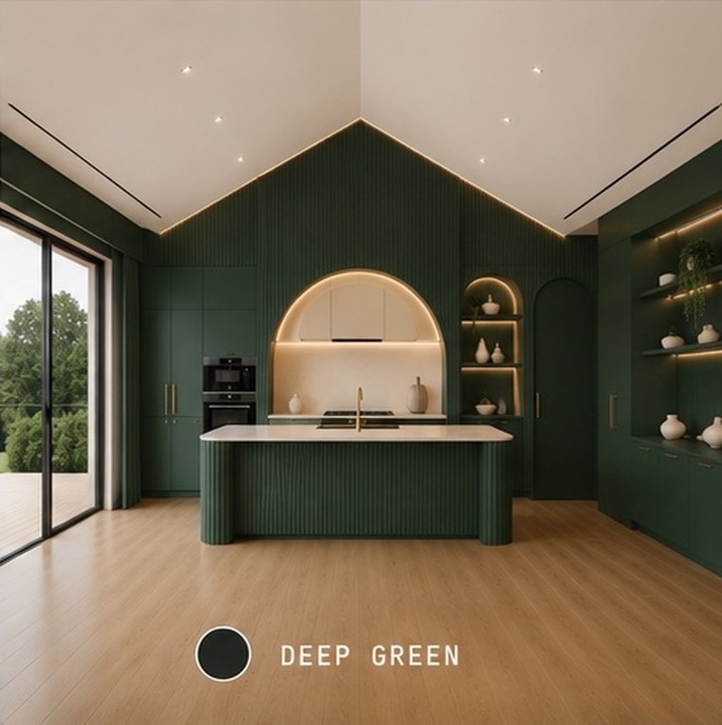 Arc Elements kitchen and living room, fixed camera, finished in the Deep Green collection.