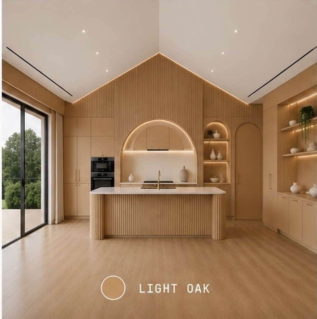 Arc Elements kitchen and living room, fixed camera, finished in the Light Oak collection.
