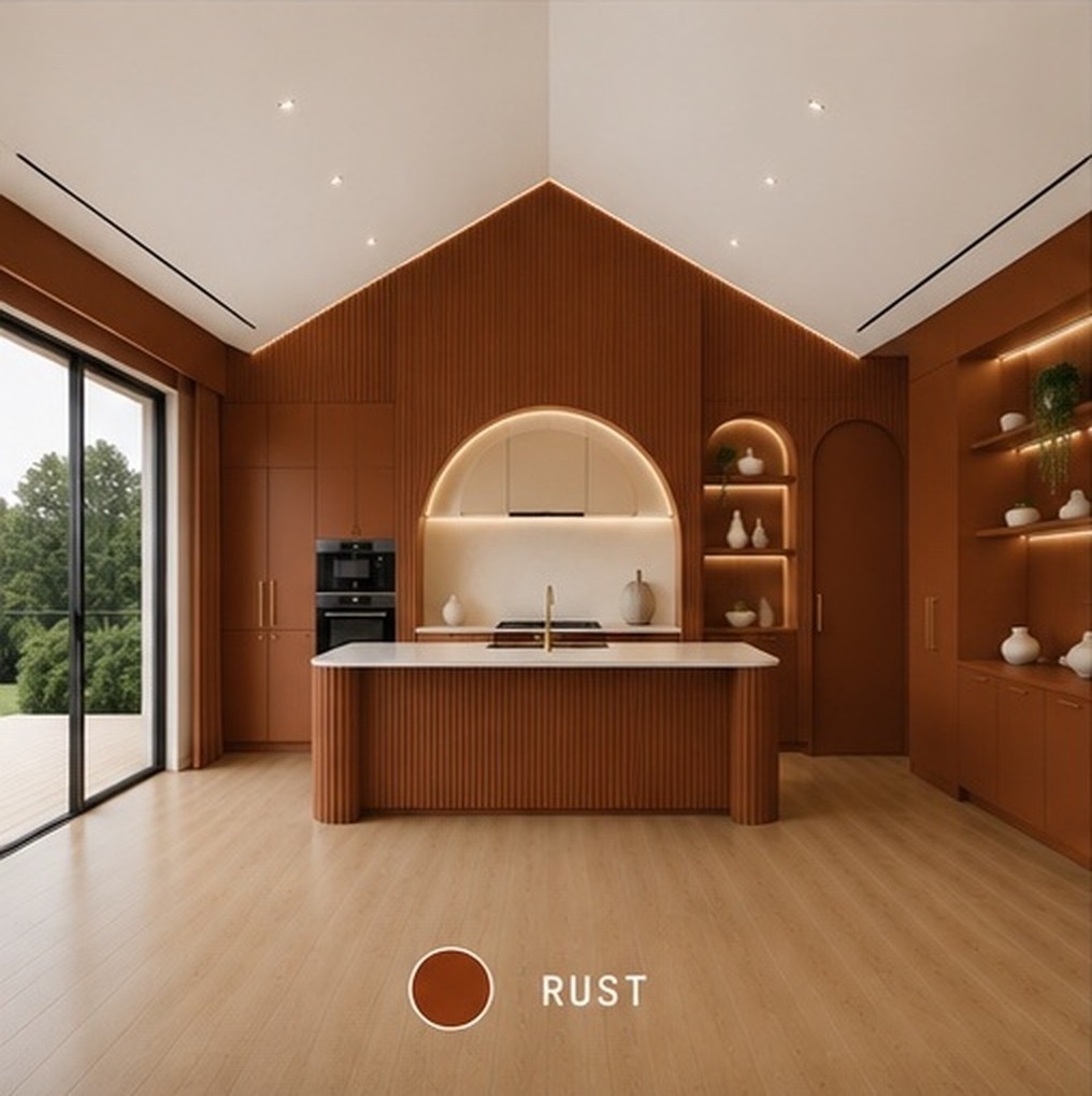 Arc Elements kitchen and living room, fixed camera, finished in the Rust collection.