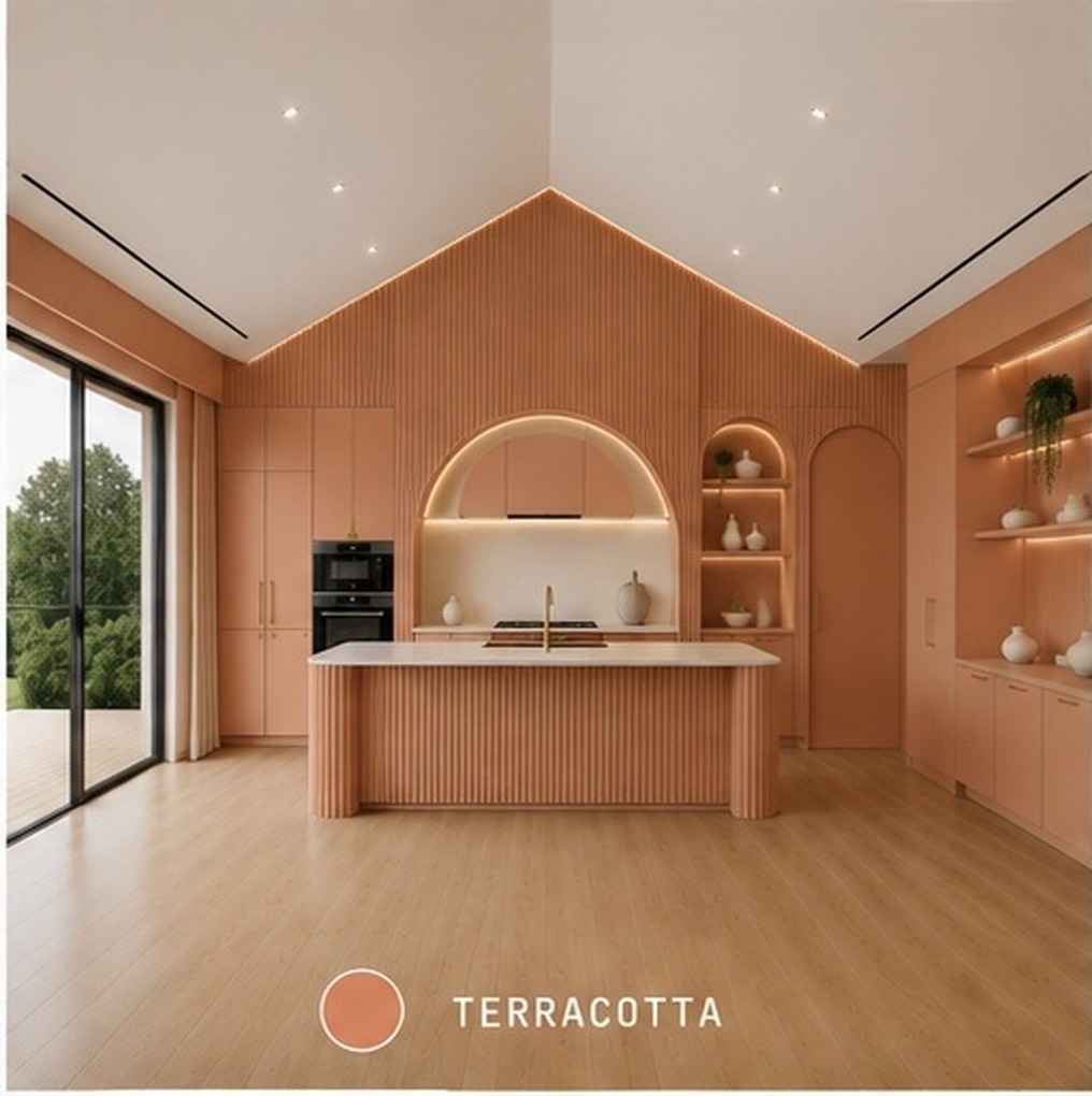 Arc Elements kitchen and living room, fixed camera, finished in the Terracotta collection.
