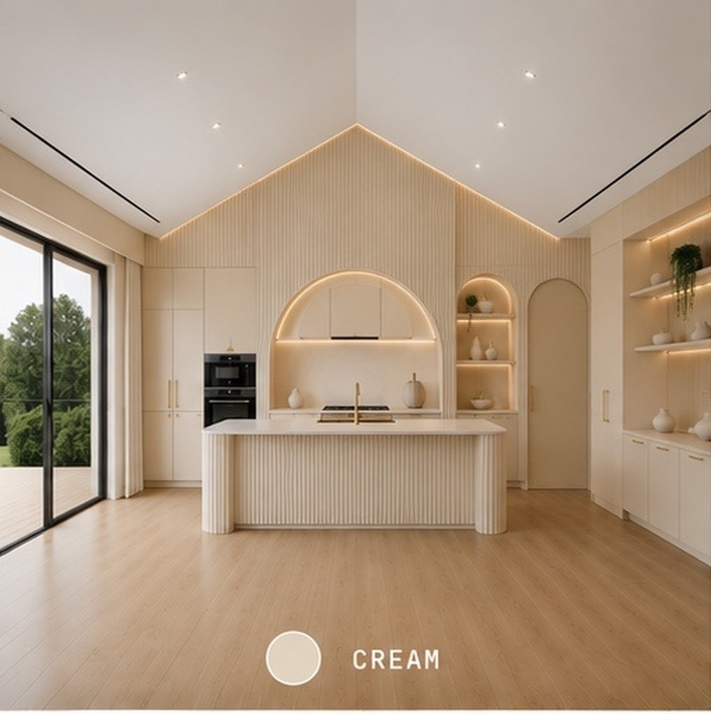 Arc Elements kitchen and living room, fixed camera, finished in the Cream collection.