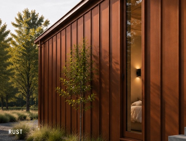 Arc modular exterior corner, fixed camera, clad in the Rust colour.