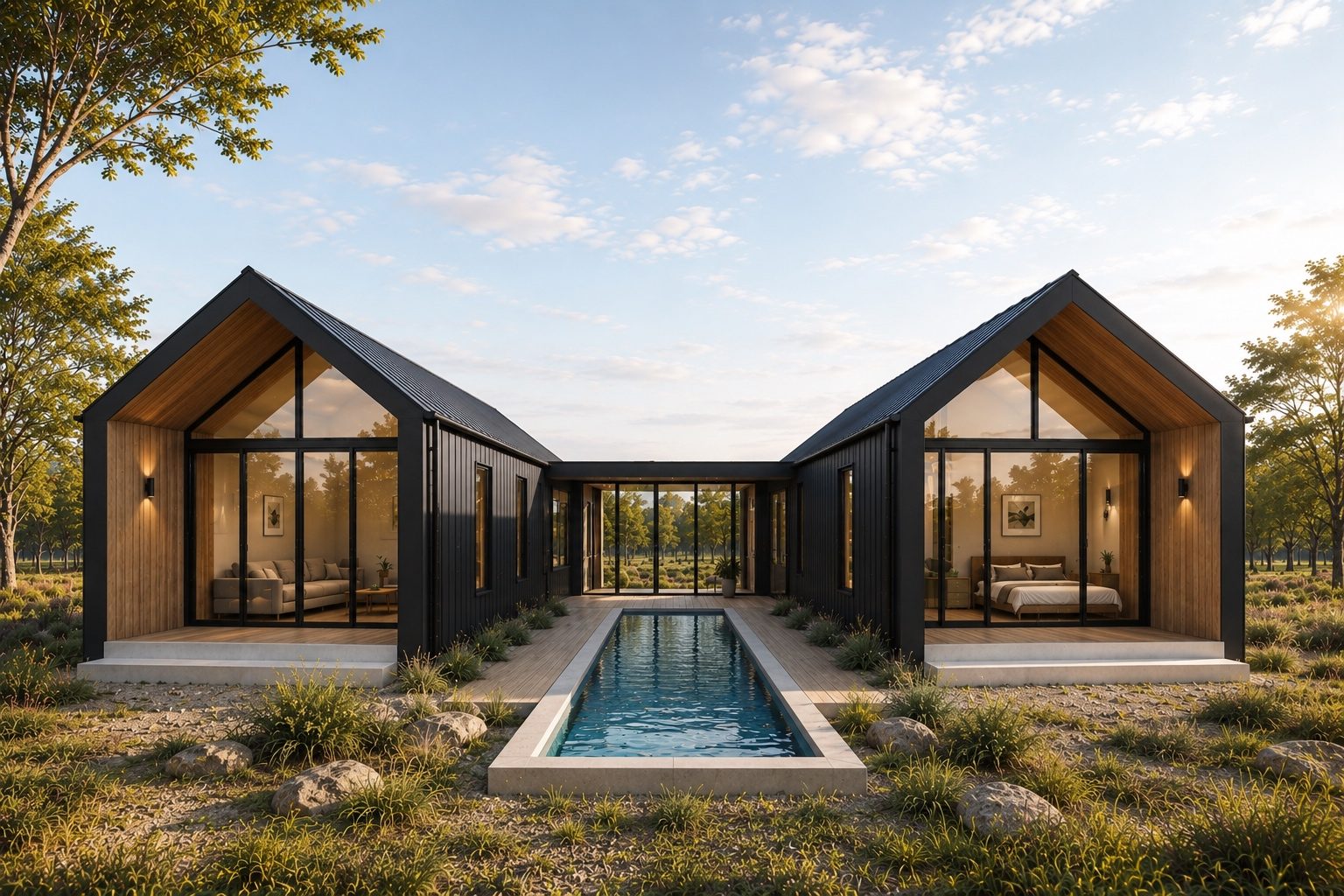 Two Arc gable modules linked by a glazed breezeway, dark cladding and timber gable ends, on a cleared rural site at dusk.