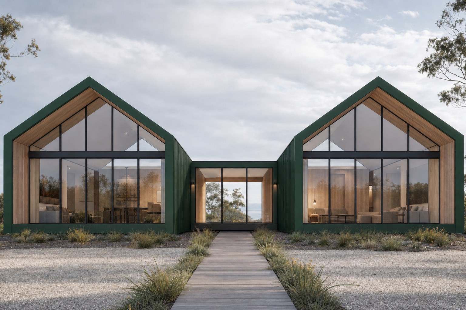 Gable-roofed kit-built breezeway pair, Forest Green cladding.