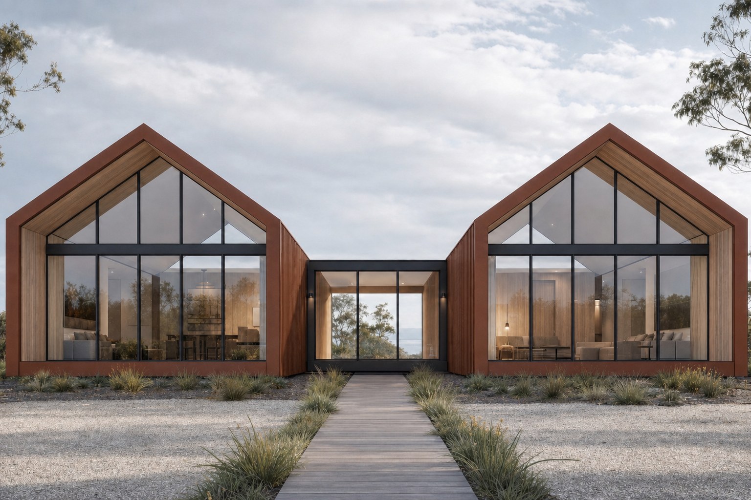 Gable-roofed kit-built breezeway pair, Rust cladding.
