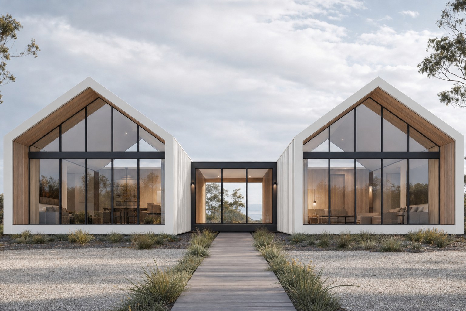 Gable-roofed kit-built breezeway pair, White cladding.