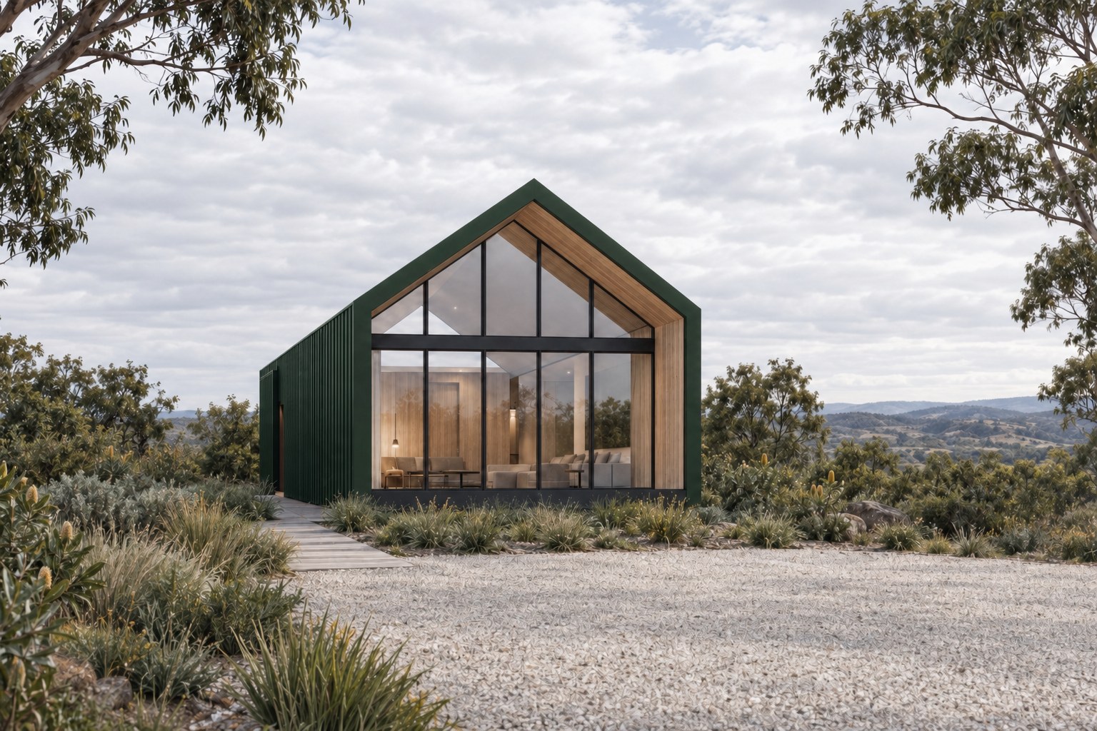 Gable-roofed kit-built single pavilion, Forest Green cladding.