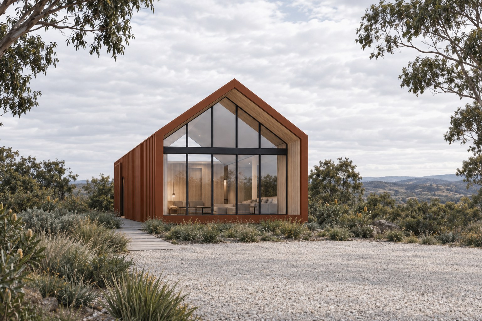 Gable-roofed kit-built single pavilion, Rust cladding.
