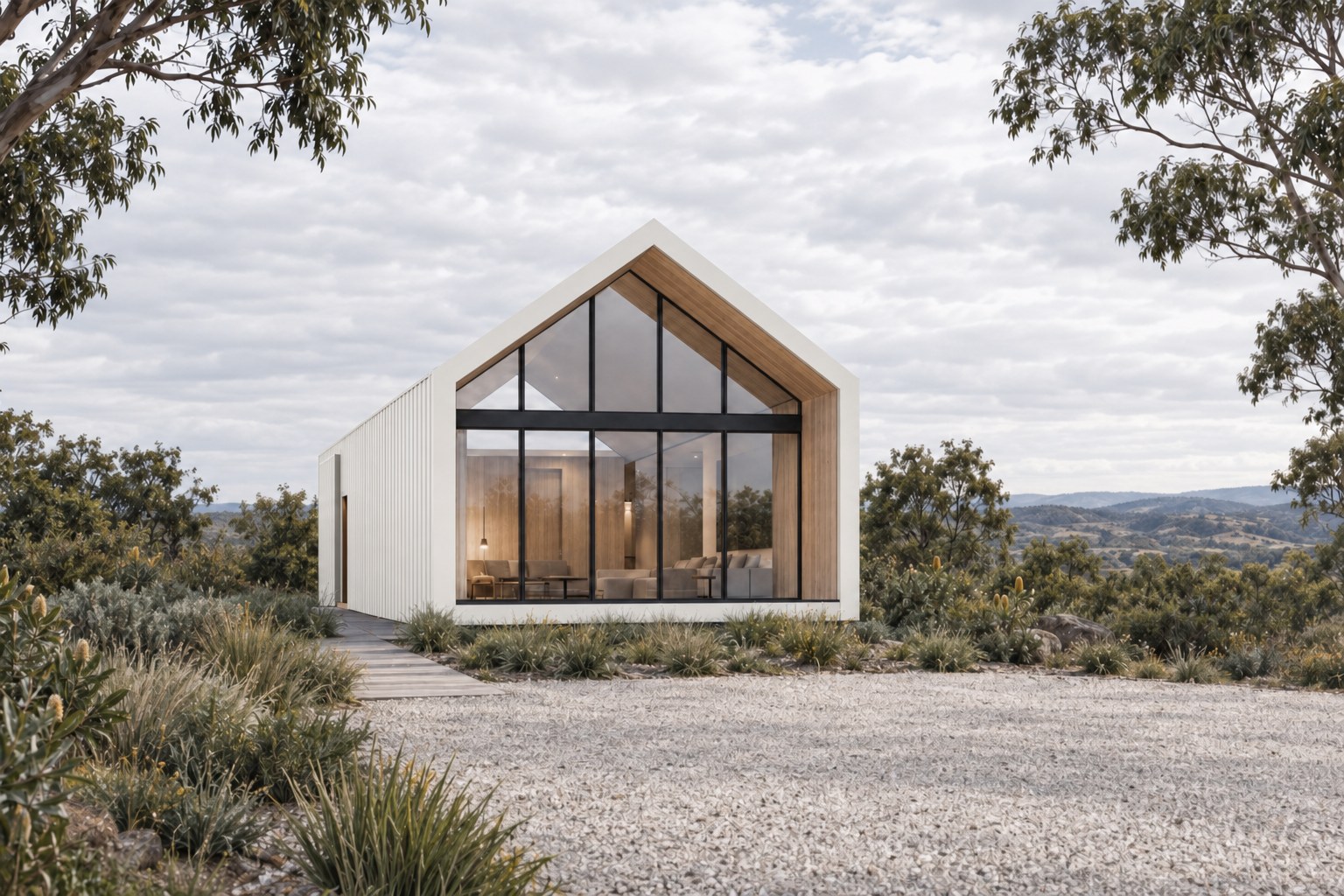 Gable-roofed kit-built single pavilion, White cladding.
