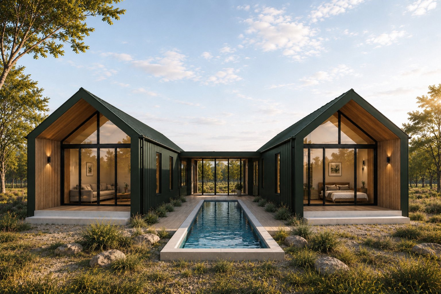 Front-on render of an Arc Modular breezeway pair, Forest Green cladding.