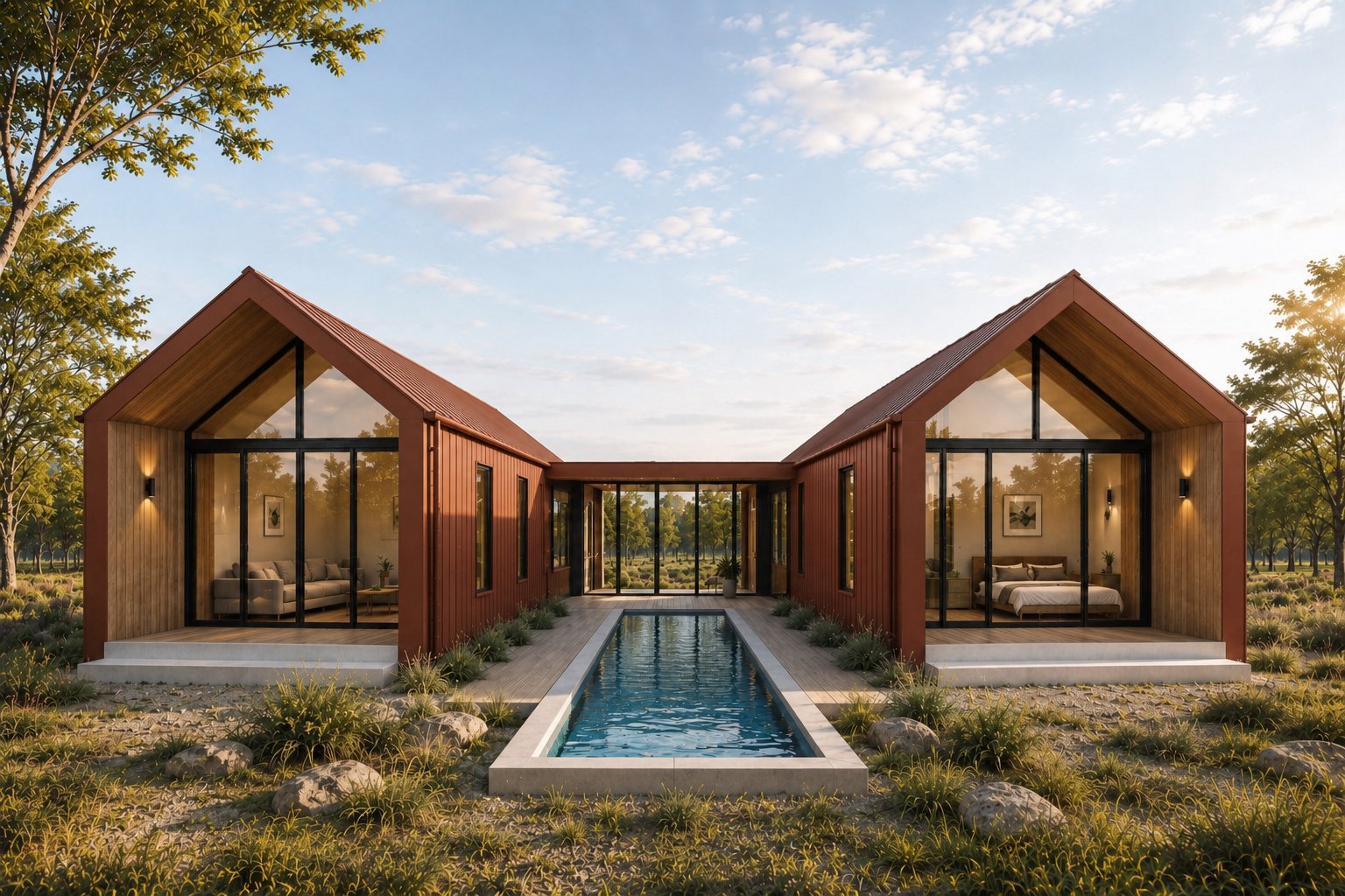 Front-on render of an Arc Modular breezeway pair, Rust cladding.