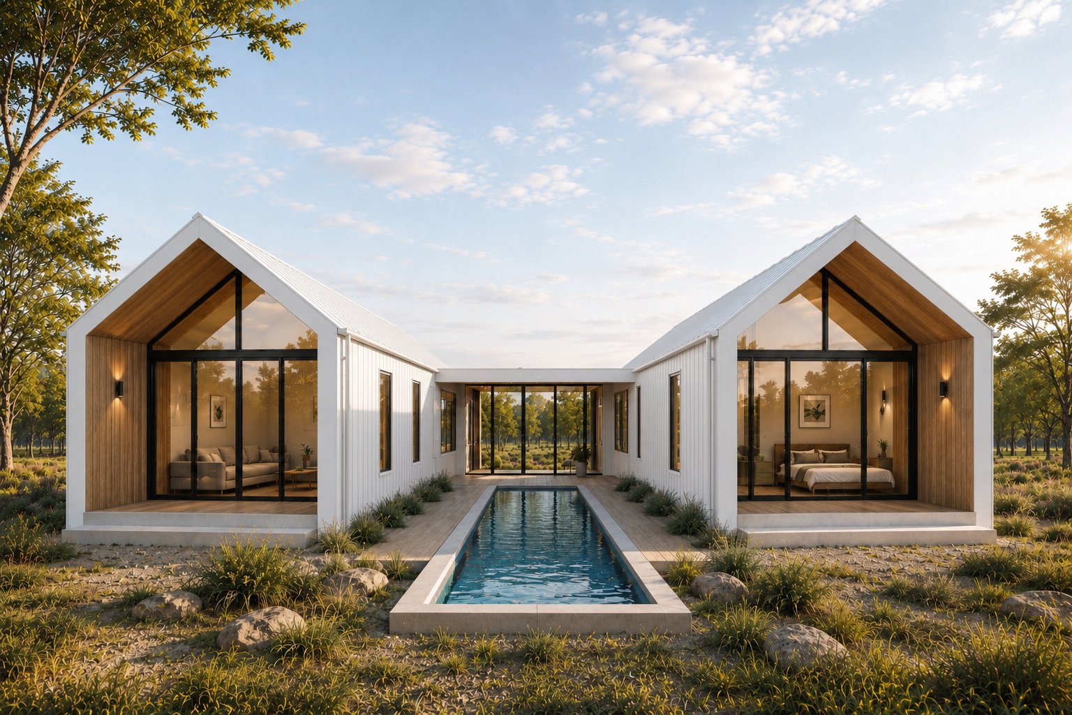 Front-on render of an Arc Modular breezeway pair, White cladding.