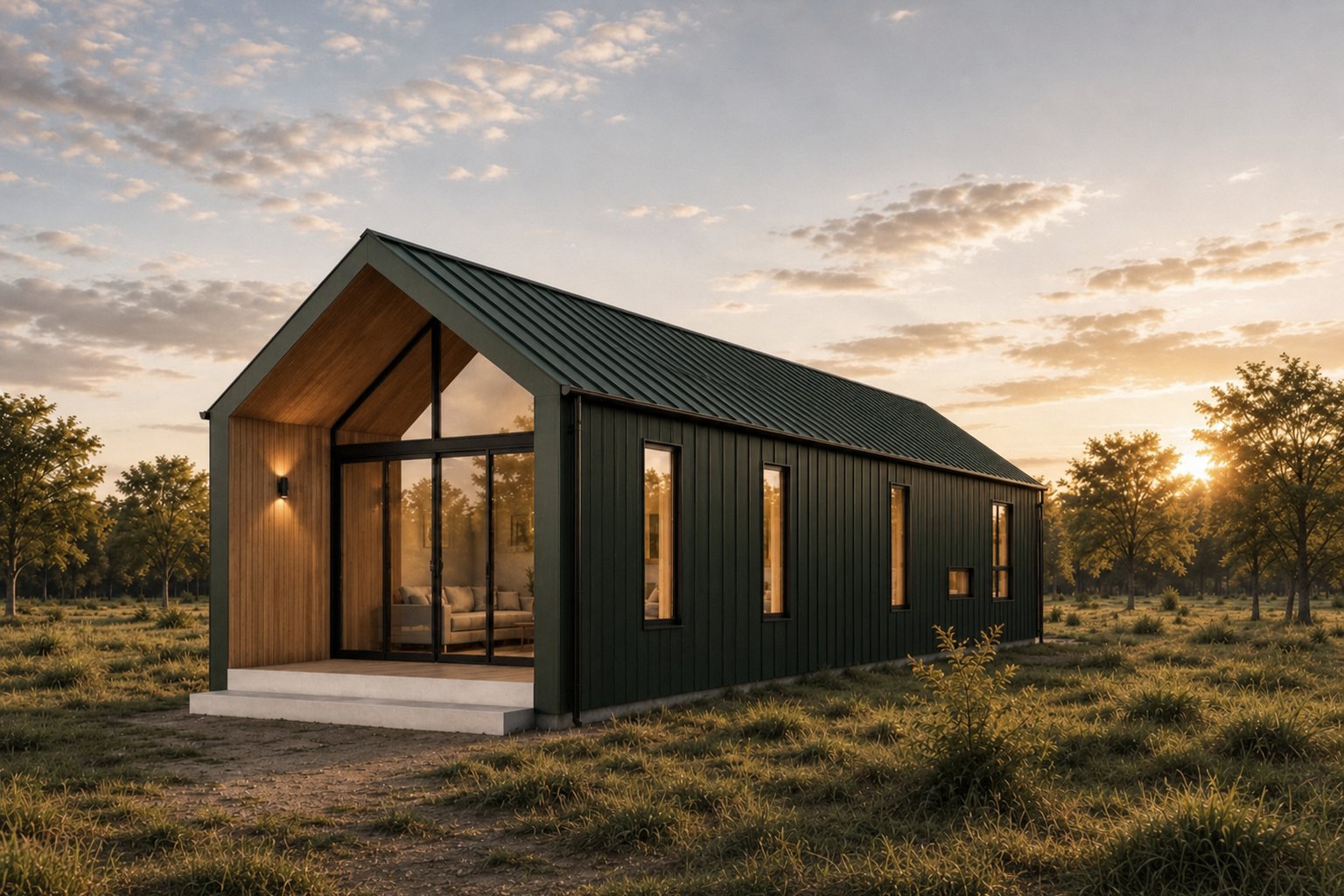 Front-on render of a single Arc Modular module, Forest Green cladding.