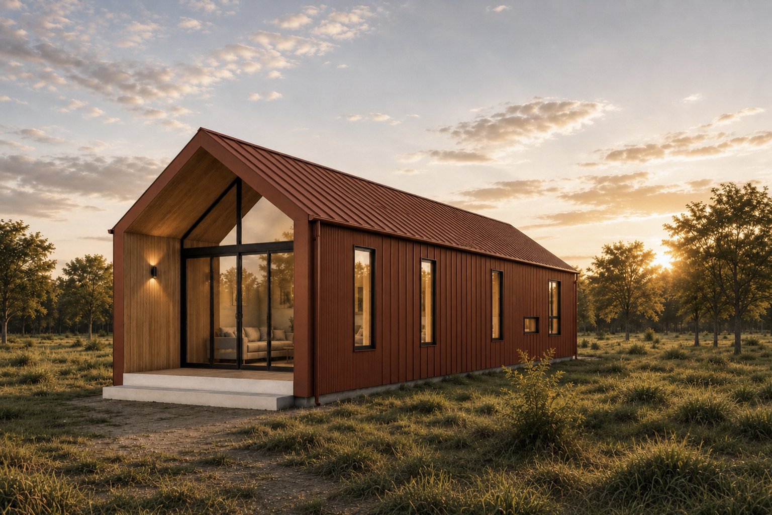 Front-on render of a single Arc Modular module, Rust cladding.