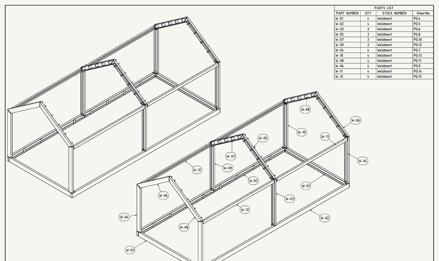 Exploded isometric of the portal-frame kit with numbered weldments and the parts list.