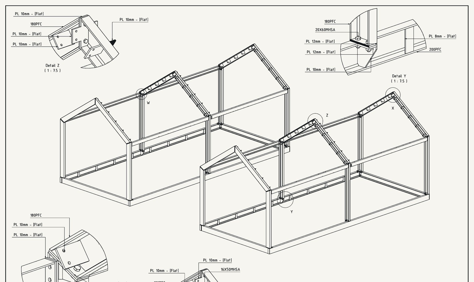 Isometric GA drawing of the bolted portal-frame kit, with connection details at the ridge, eaves and base.