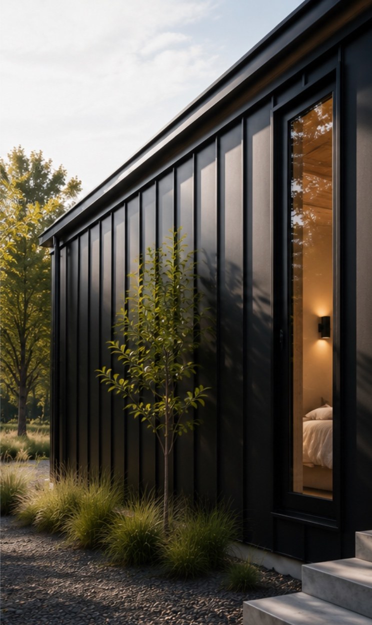 Dark vertical cladding on a module's long wall at dusk, with a glazed door showing the bedroom lit inside.
