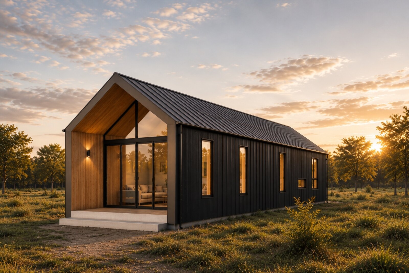 One Arc module at dusk: dark vertical cladding, a timber-lined gable end fully glazed to the apex, and a covered porch on a concrete step.