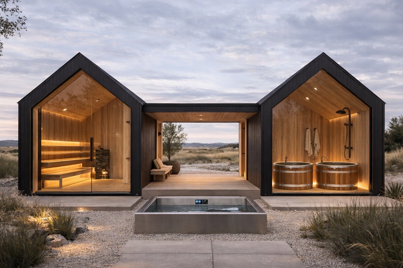 A pair of Arc modules used as a wellness pavilion: sauna in one, plunge tubs and shower in the other, gable ends opened up and joined by a covered breezeway.