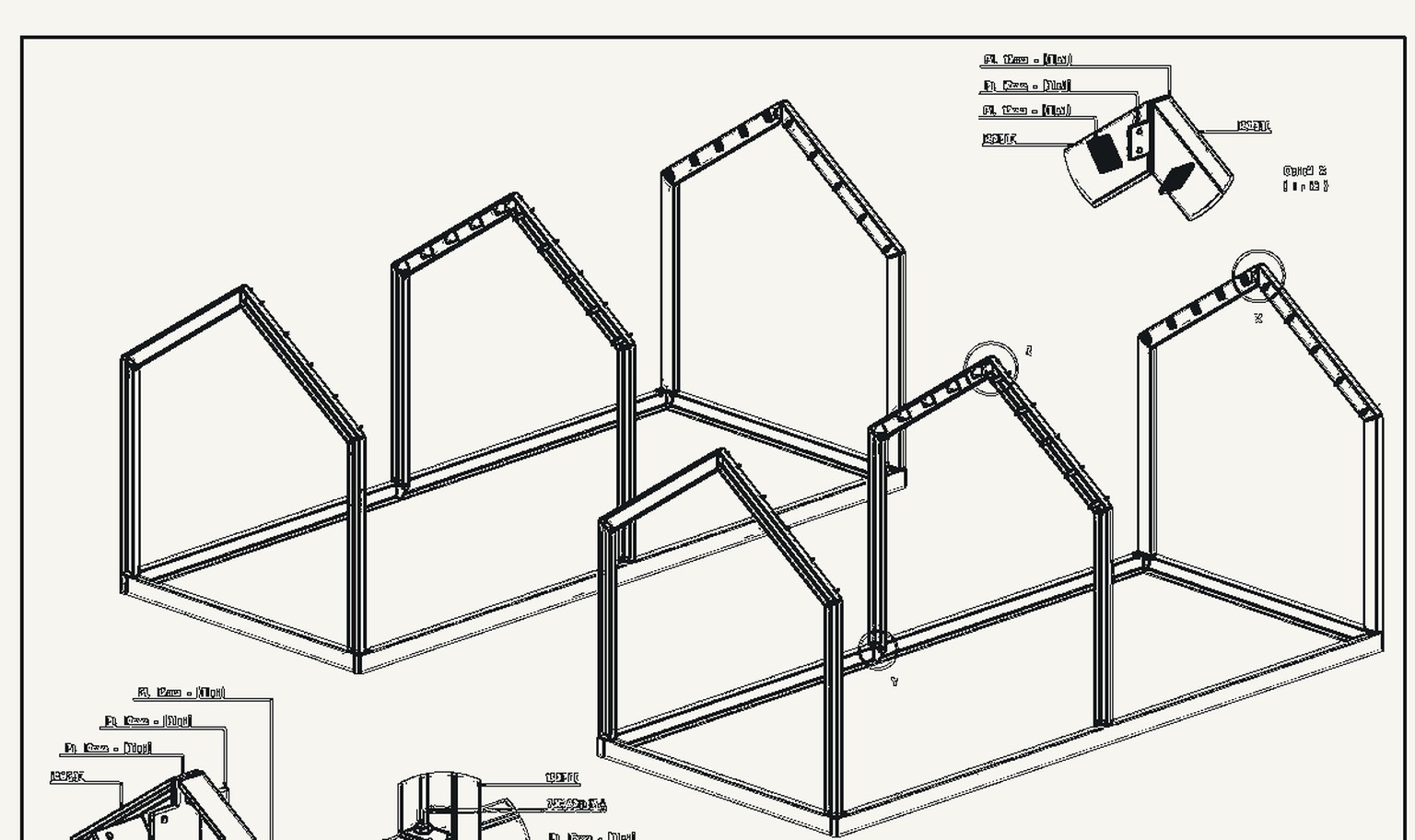 A line drawing of an issued GA drawing for a portal-frame steel structure, isometric view with fixing details.