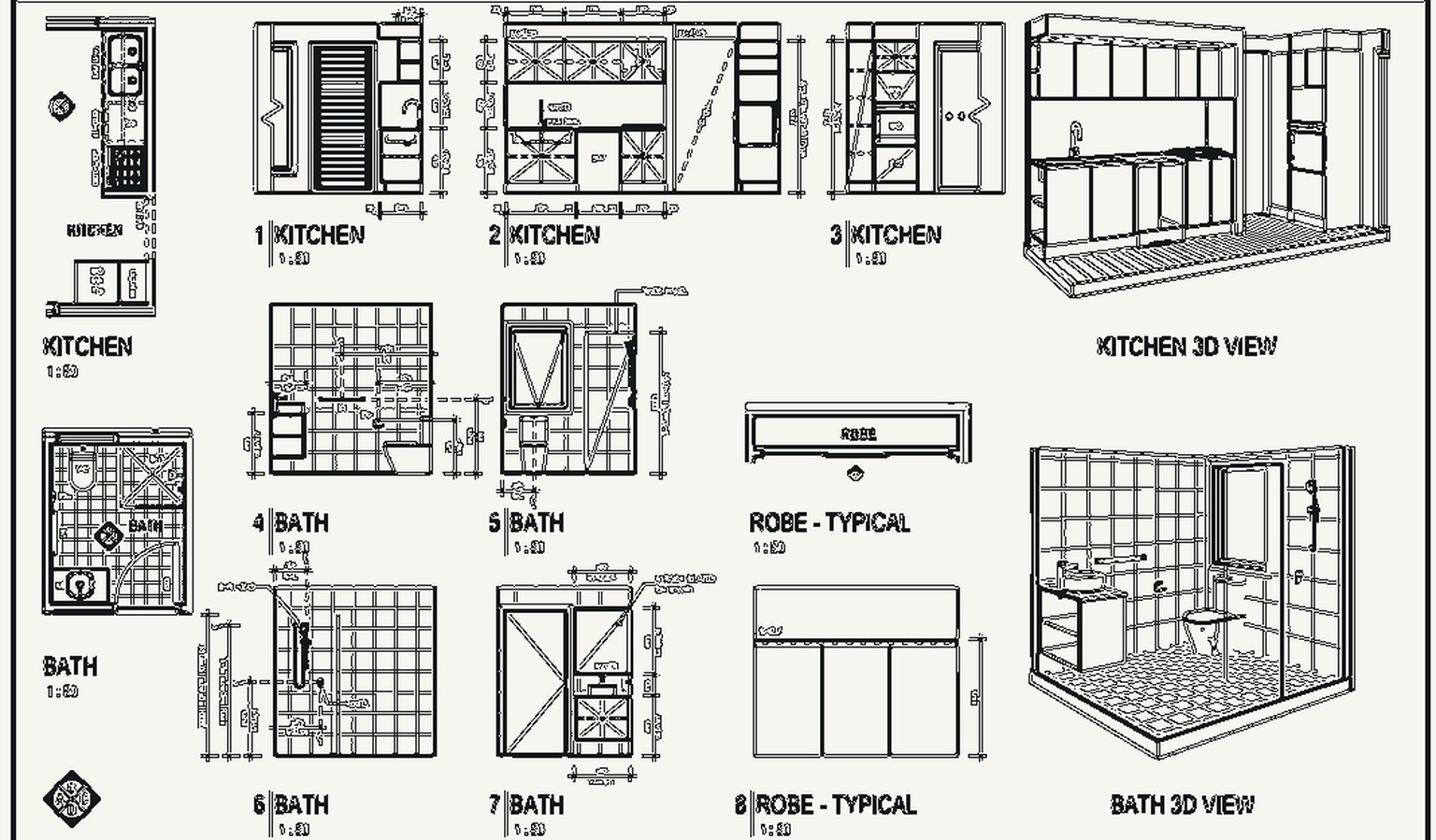 A line drawing of issued kitchen and bathroom joinery drawings, plans, elevations and 3D views.